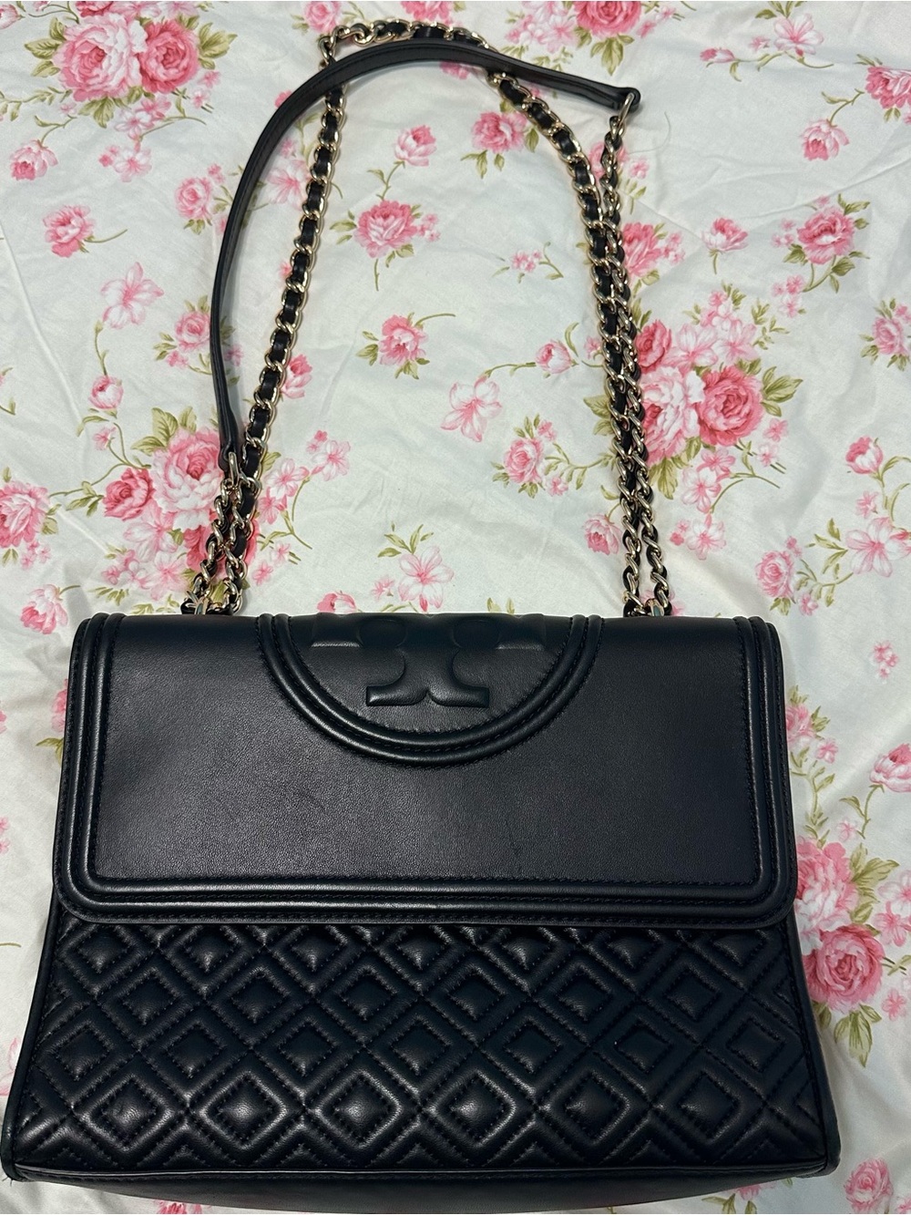 Tory Burch Black Quilted Leather Shoulder Bag with Gold Chain Strap